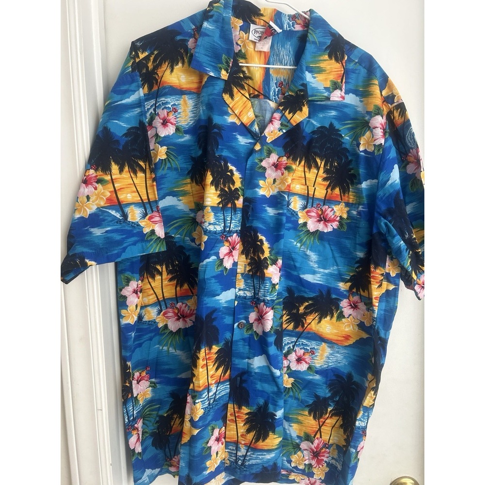 Pacific Legend Men's XL Hawaiian Aloha Blue Tropical Palm Island Shirt USA Made